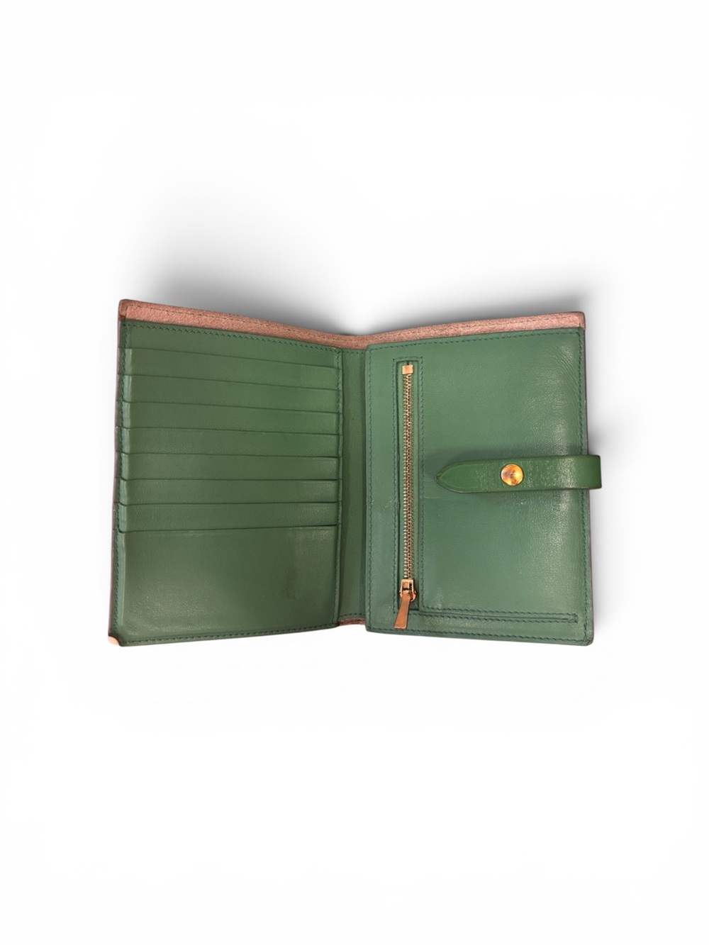 Celine Taupe Wallet with Green Strap and Gold Button - Picture 4 of 5